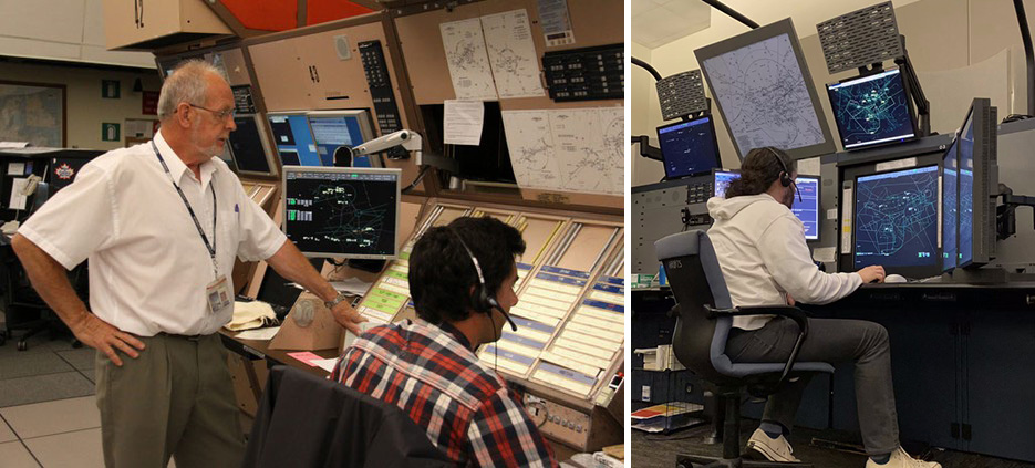 Photo on left of a young air traffic controller sitting at a desk, being mentored by an experienced trainer. Photo on right of the same controller, sitting at a desk, now experienced himself.